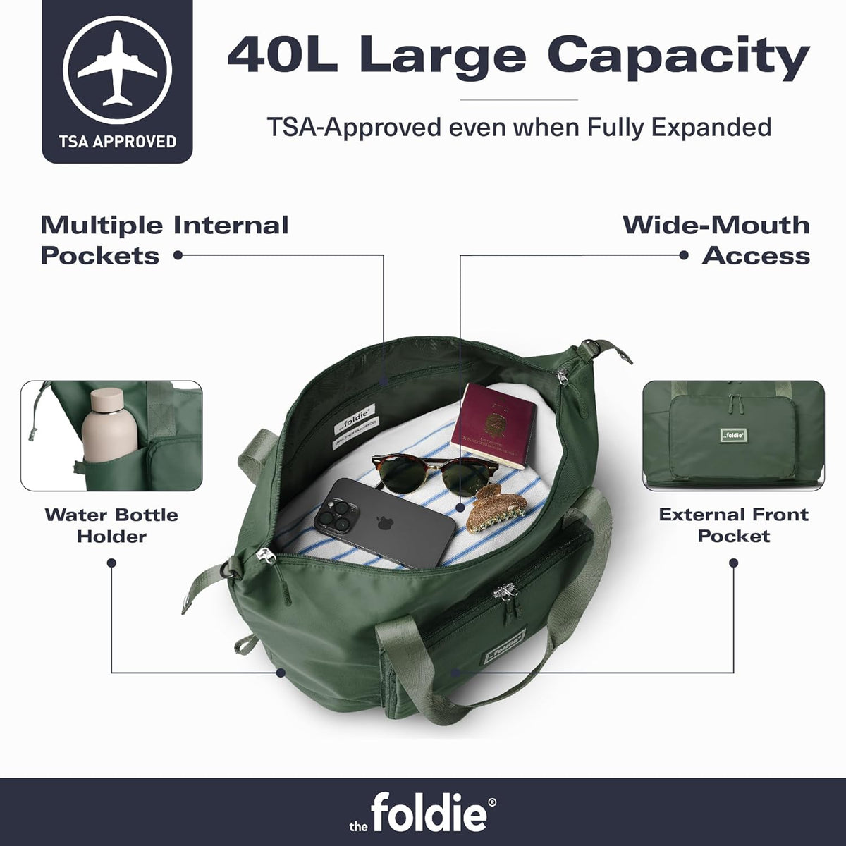 Foldable Travel Bag for Women - 40L Weekender Bag with Multiple Pockets - Carry On Expendable Travel Bag