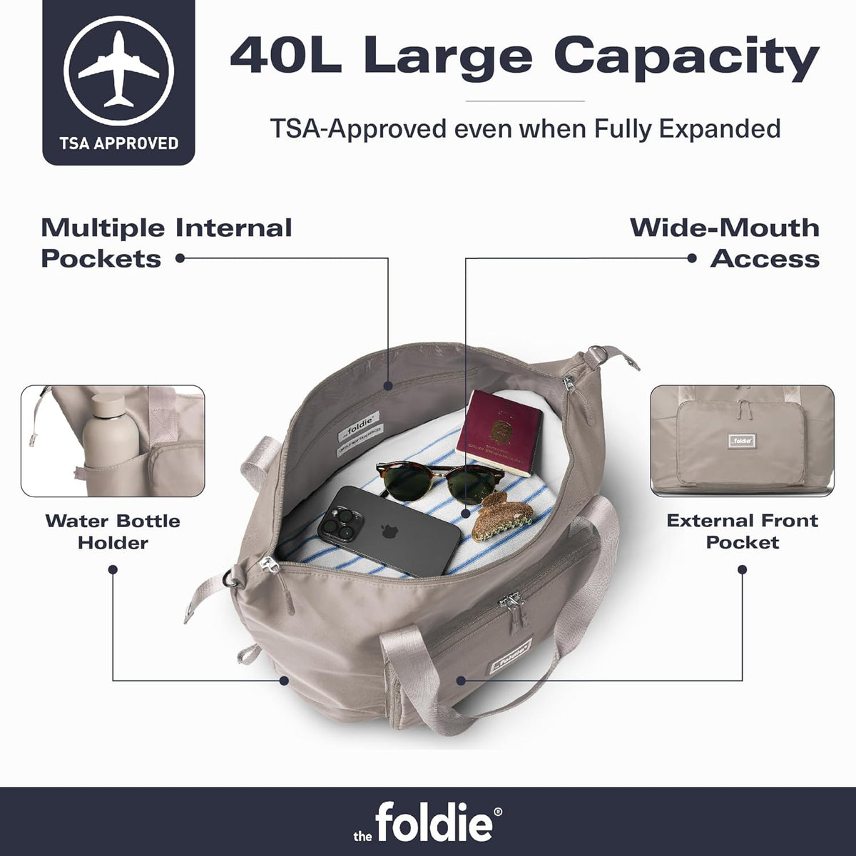 Foldable Travel Bag for Women - 40L Weekender Bag with Multiple Pockets - Carry On Expendable Travel Bag
