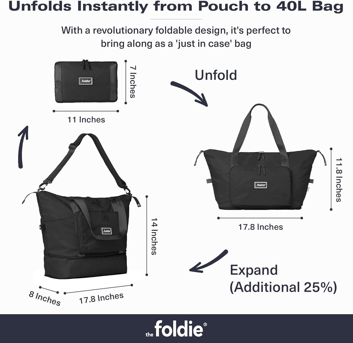 Foldable Travel Bag for Women - 40L Weekender Bag with Multiple Pockets - Carry On Expendable Travel Bag