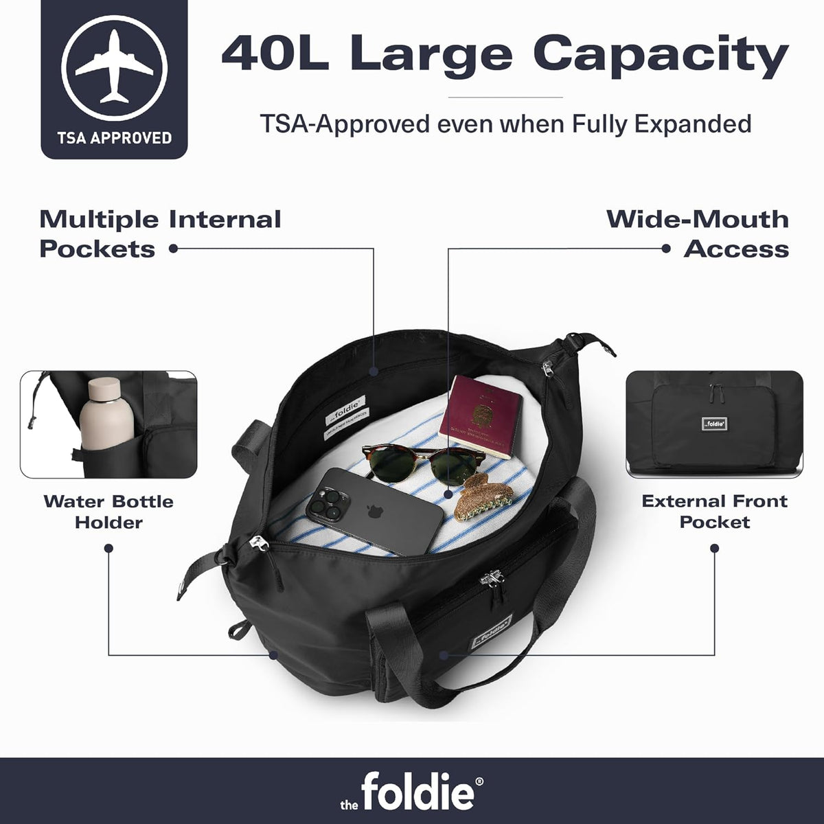 Foldable Travel Bag for Women - 40L Weekender Bag with Multiple Pockets - Carry On Expendable Travel Bag