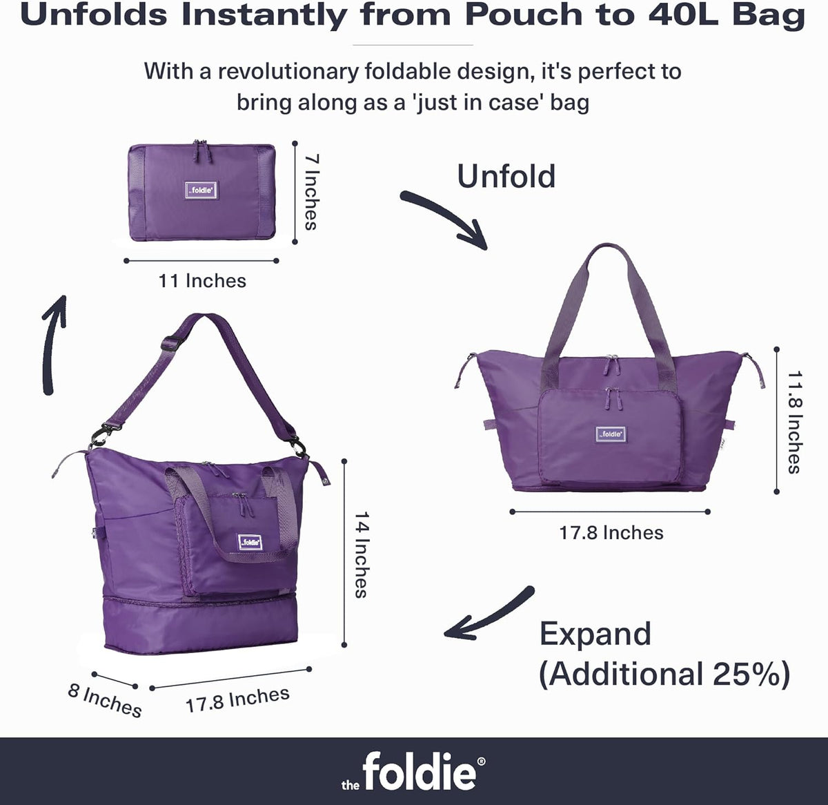 Foldable Travel Bag for Women - 40L Weekender Bag with Multiple Pockets - Carry On Expendable Travel Bag