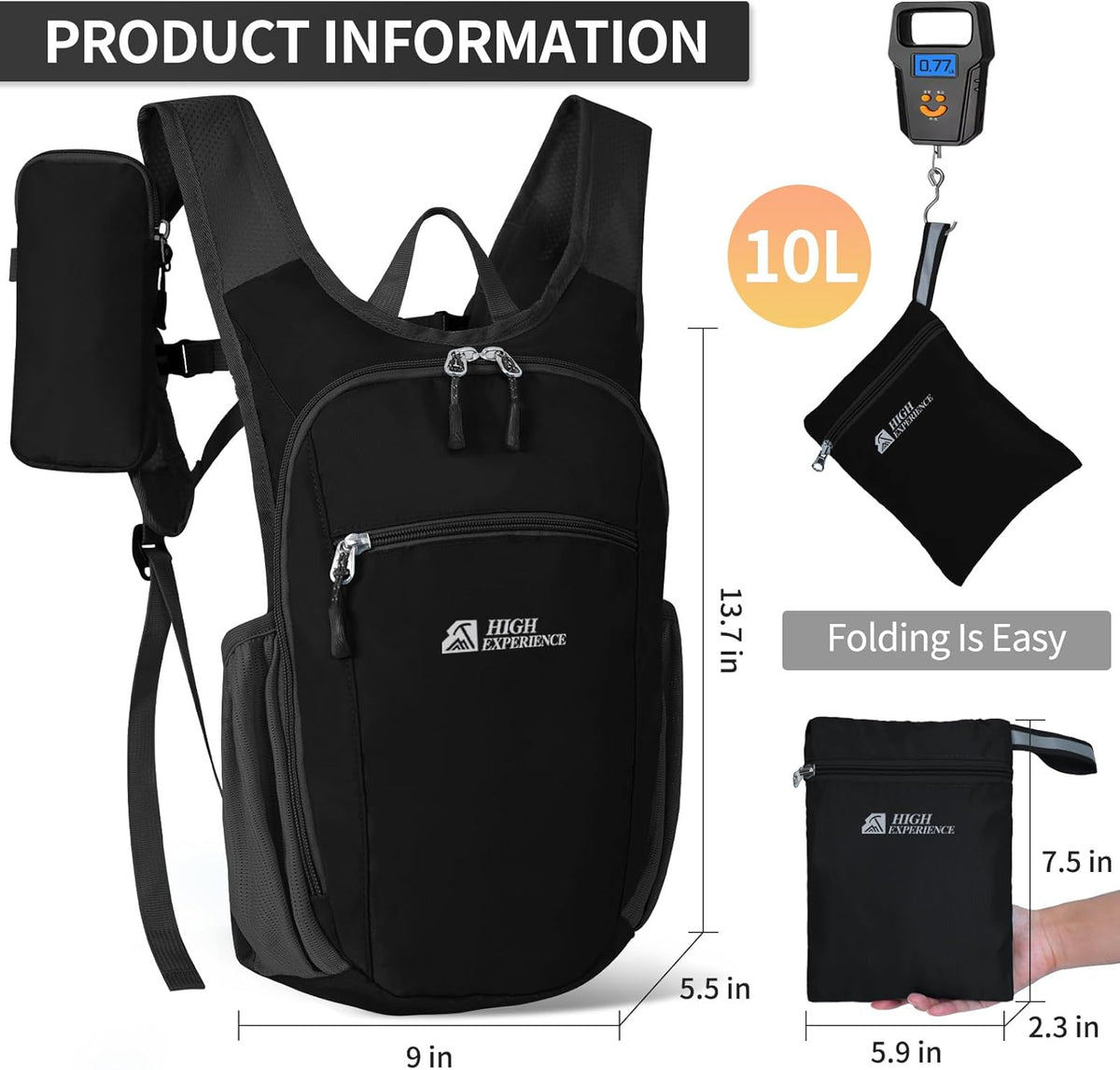 Hiking Backpack 10L/15L Small Daypack Lightweight Packable Travel Foldable Water Resistan for Women Men (White, 10L)