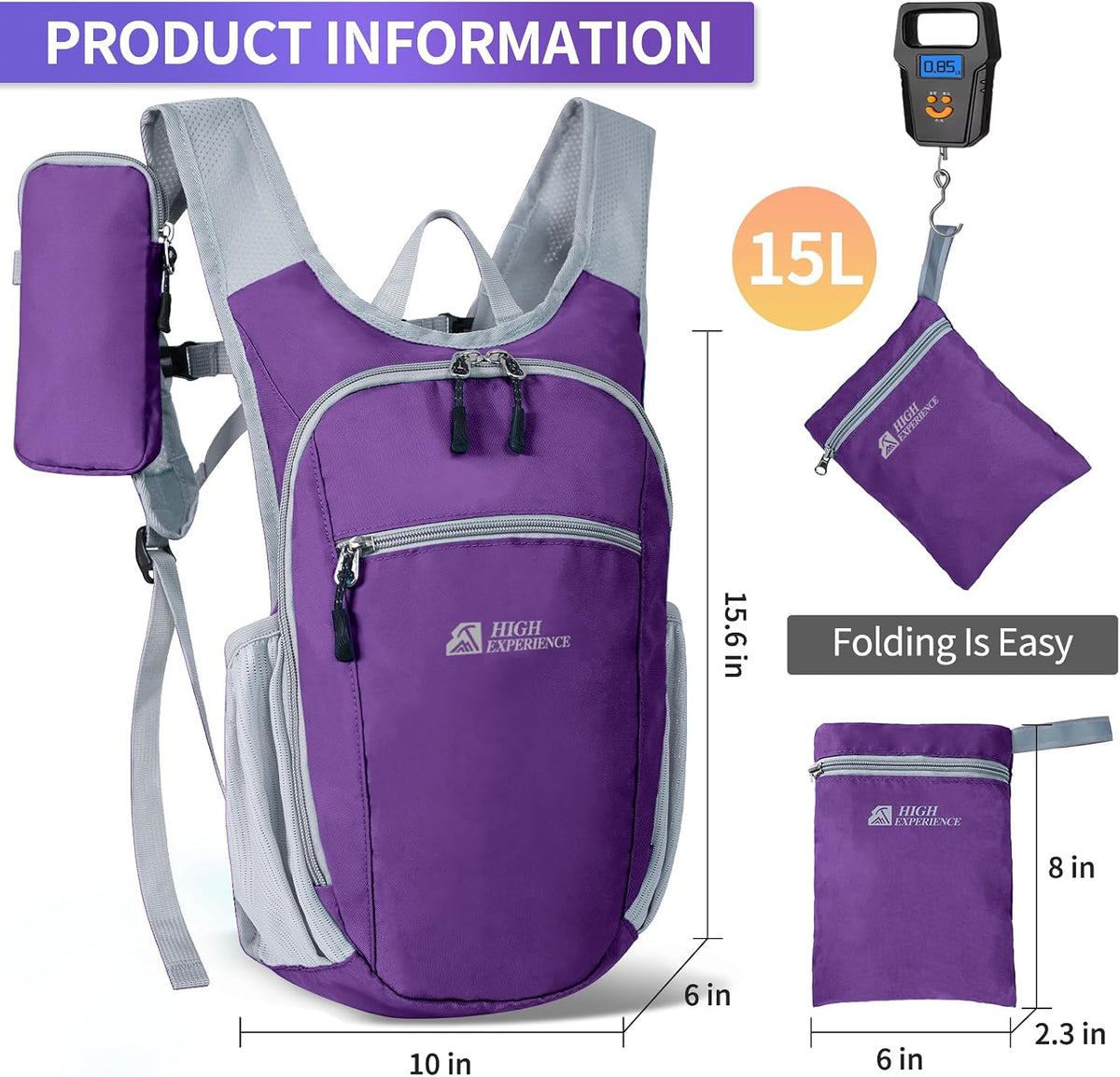 Hiking Backpack 10L/15L Small Daypack Lightweight Packable Travel Foldable Water Resistan for Women Men (White, 10L)