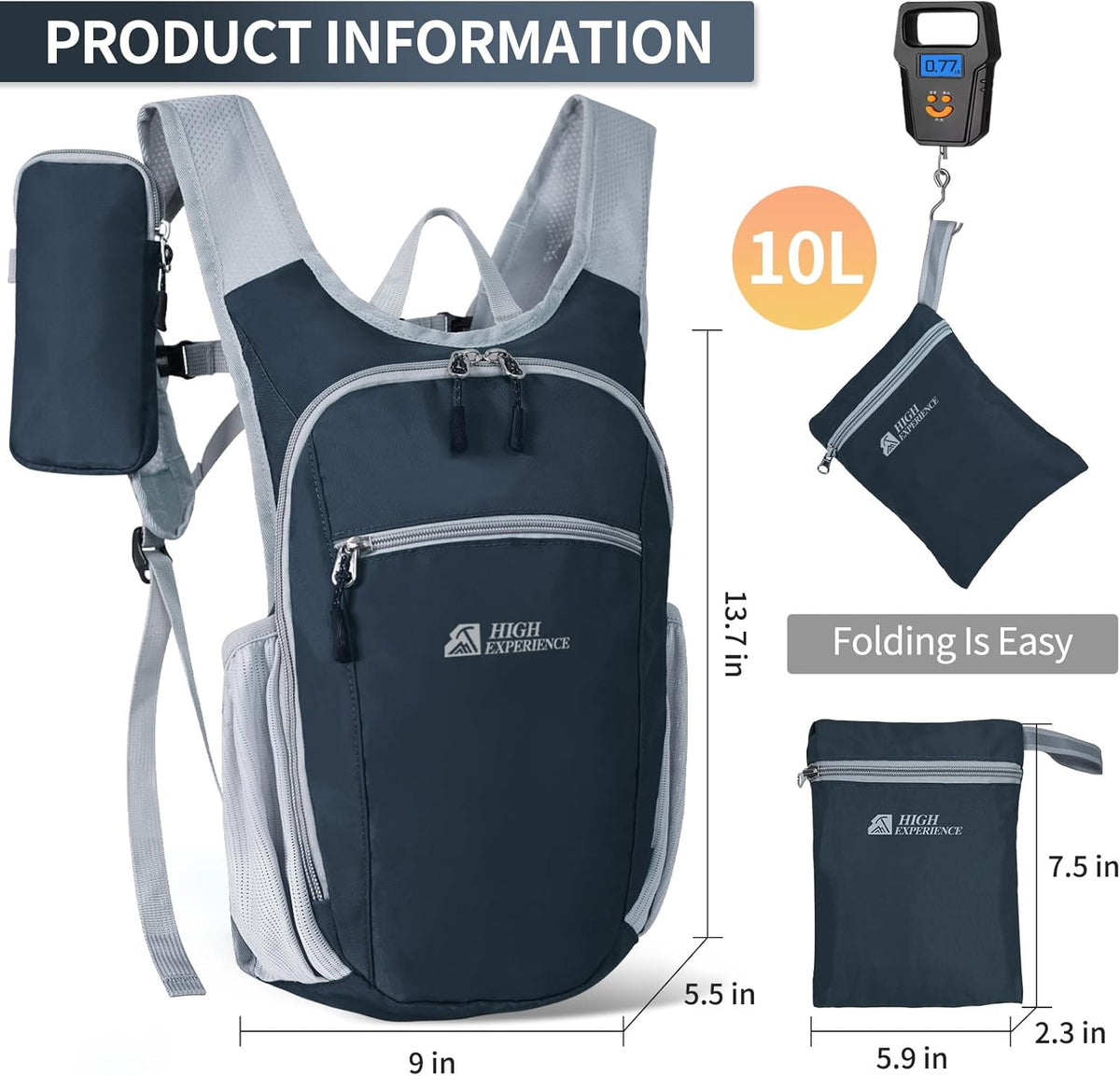 Hiking Backpack 10L/15L Small Daypack Lightweight Packable Travel Foldable Water Resistan for Women Men (White, 10L)