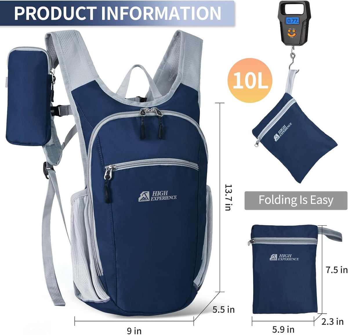 Hiking Backpack 10L/15L Small Daypack Lightweight Packable Travel Foldable Water Resistan for Women Men (White, 10L)