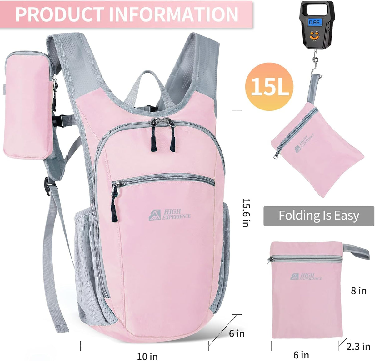 Hiking Backpack 10L/15L Small Daypack Lightweight Packable Travel Foldable Water Resistan for Women Men (White, 10L)