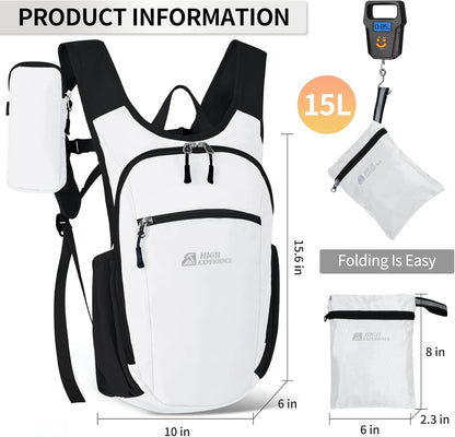 Hiking Backpack 10L/15L Small Daypack Lightweight Packable Travel Foldable Water Resistan for Women Men (White, 10L)