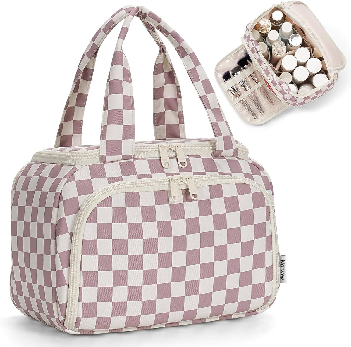 Striped Travel Toiletry Bag for Women Large Makeup Bag, Wide-open Cosmetic Make Up Organizer with Handle, Travel Bag for Toiletries, Essentials, Accessories (Mint Green Stripe)