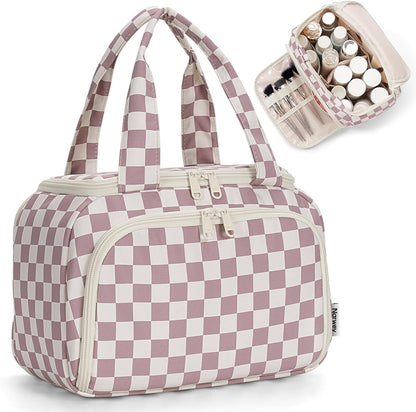 Striped Travel Toiletry Bag for Women Large Makeup Bag, Wide-open Cosmetic Make Up Organizer with Handle, Travel Bag for Toiletries, Essentials, Accessories (Mint Green Stripe)