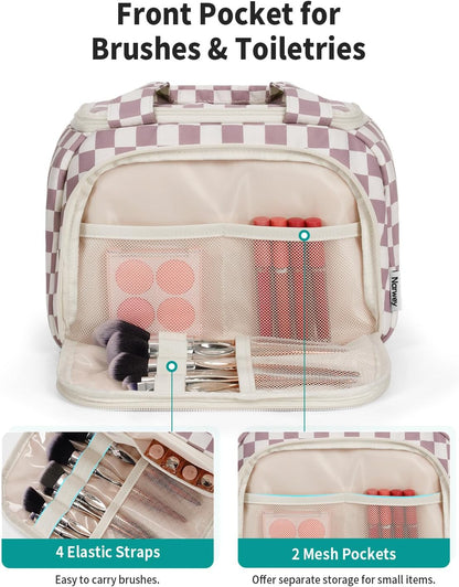 Striped Travel Toiletry Bag for Women Large Makeup Bag, Wide-open Cosmetic Make Up Organizer with Handle, Travel Bag for Toiletries, Essentials, Accessories (Mint Green Stripe)