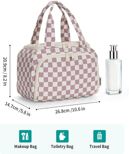 Striped Travel Toiletry Bag for Women Large Makeup Bag, Wide-open Cosmetic Make Up Organizer with Handle, Travel Bag for Toiletries, Essentials, Accessories (Mint Green Stripe)