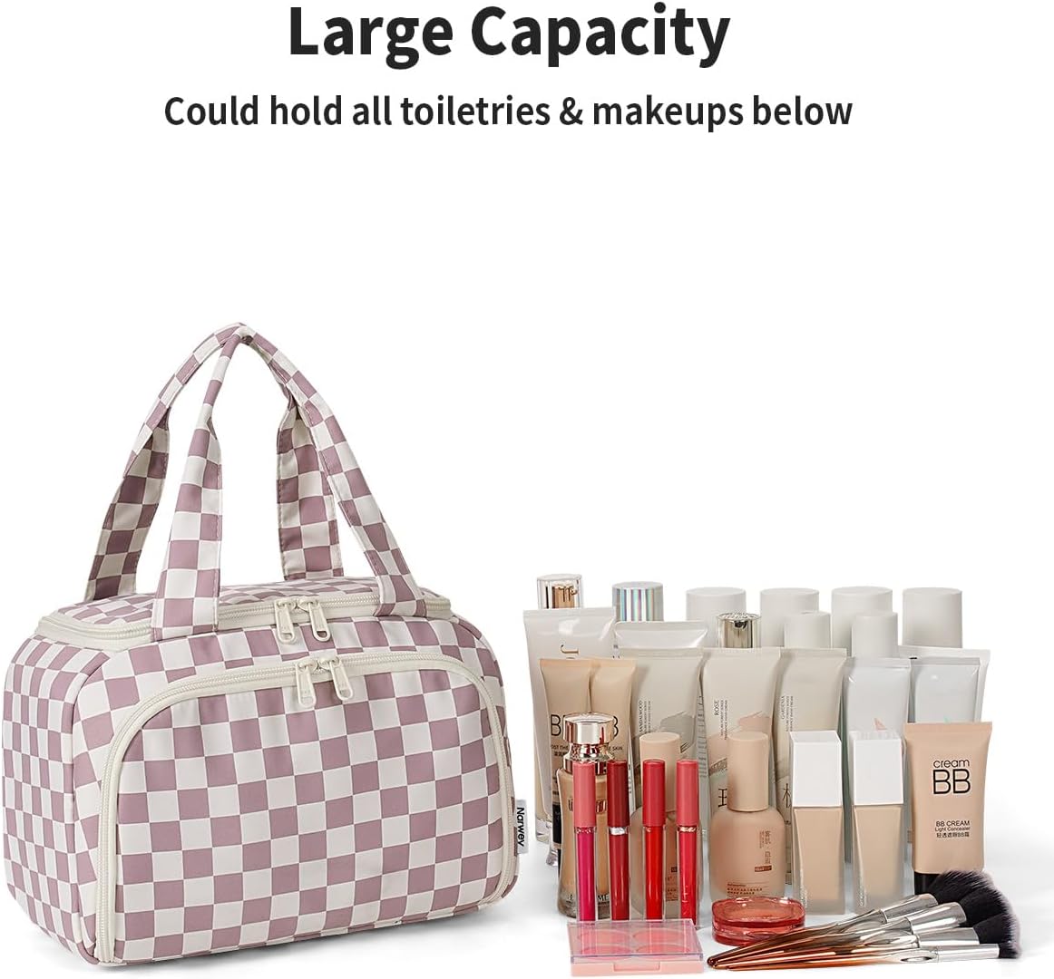 Striped Travel Toiletry Bag for Women Large Makeup Bag, Wide-open Cosmetic Make Up Organizer with Handle, Travel Bag for Toiletries, Essentials, Accessories (Mint Green Stripe)