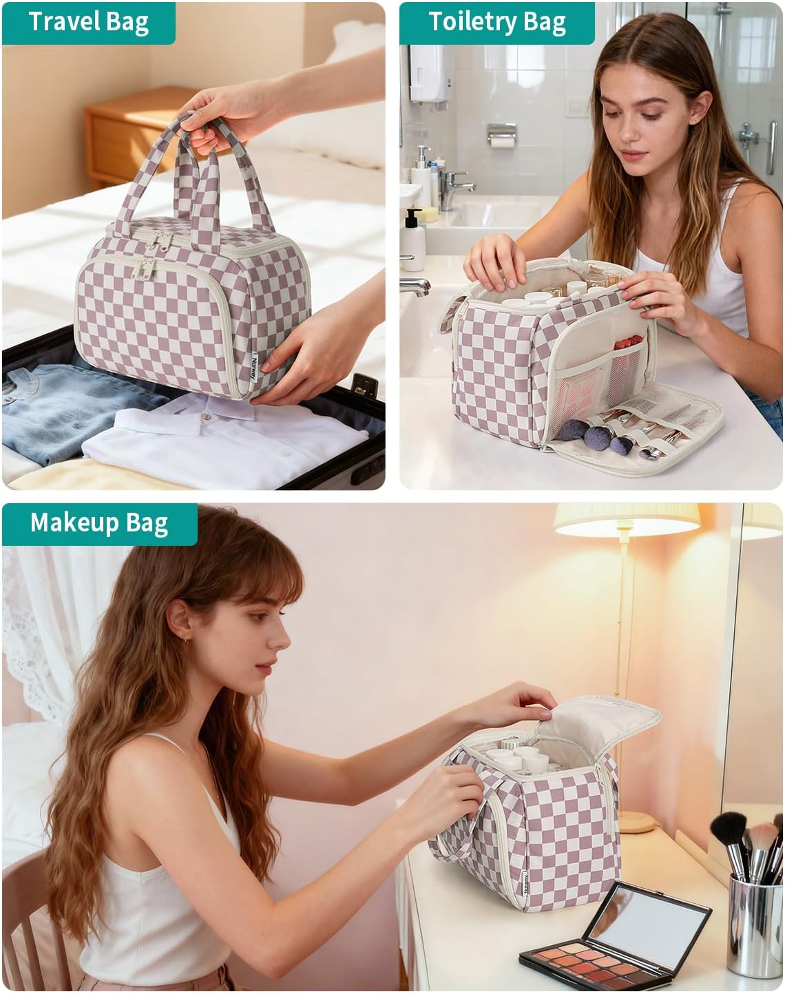 Striped Travel Toiletry Bag for Women Large Makeup Bag, Wide-open Cosmetic Make Up Organizer with Handle, Travel Bag for Toiletries, Essentials, Accessories (Mint Green Stripe)