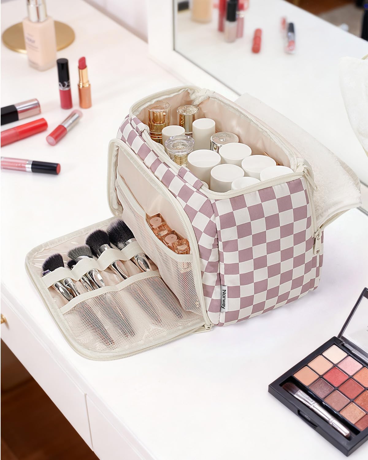 Striped Travel Toiletry Bag for Women Large Makeup Bag, Wide-open Cosmetic Make Up Organizer with Handle, Travel Bag for Toiletries, Essentials, Accessories (Mint Green Stripe)
