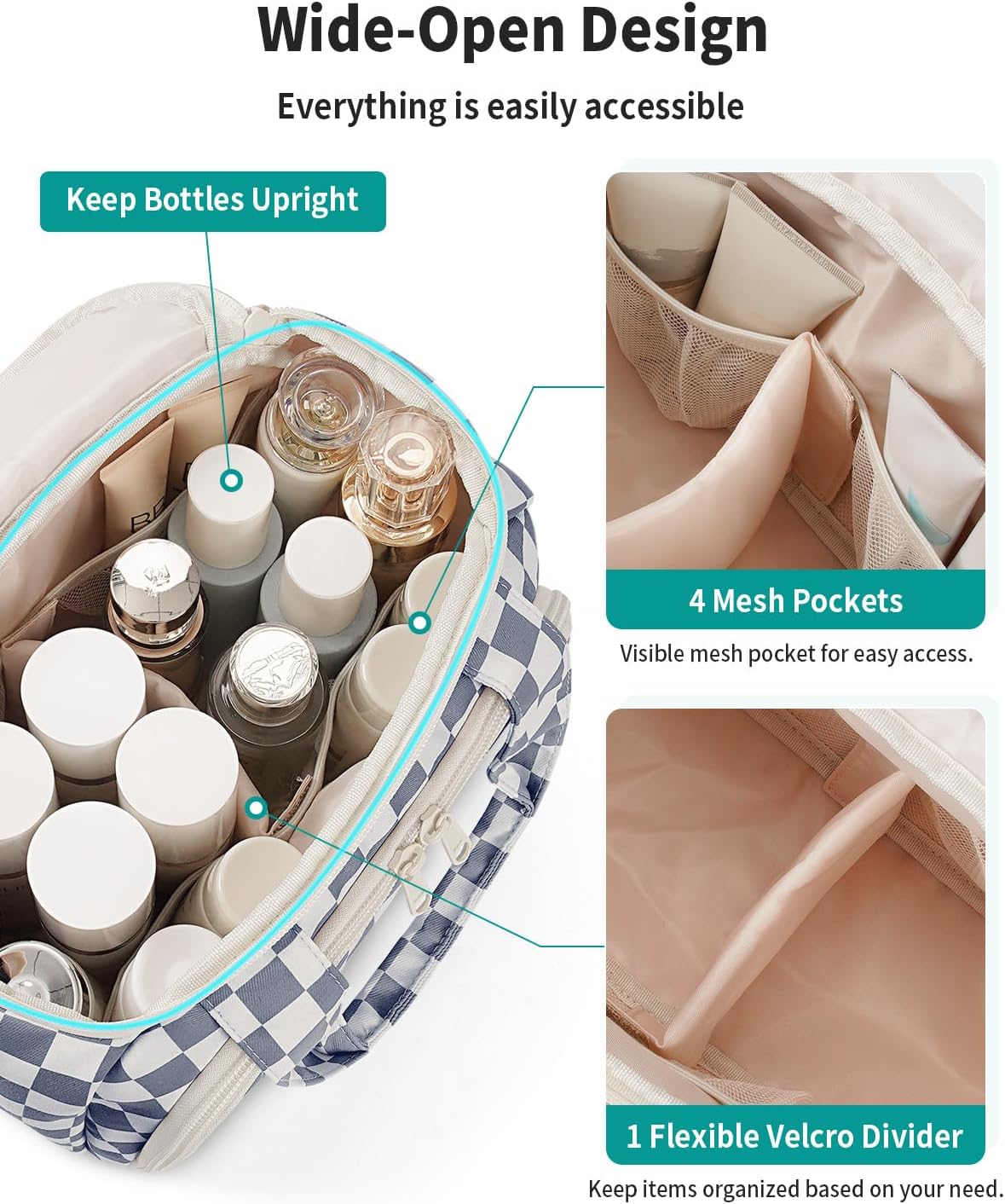 Striped Travel Toiletry Bag for Women Large Makeup Bag, Wide-open Cosmetic Make Up Organizer with Handle, Travel Bag for Toiletries, Essentials, Accessories (Mint Green Stripe)