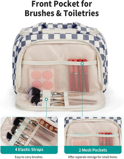 Striped Travel Toiletry Bag for Women Large Makeup Bag, Wide-open Cosmetic Make Up Organizer with Handle, Travel Bag for Toiletries, Essentials, Accessories (Mint Green Stripe)