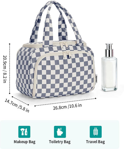 Striped Travel Toiletry Bag for Women Large Makeup Bag, Wide-open Cosmetic Make Up Organizer with Handle, Travel Bag for Toiletries, Essentials, Accessories (Mint Green Stripe)
