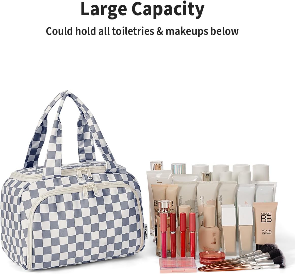 Striped Travel Toiletry Bag for Women Large Makeup Bag, Wide-open Cosmetic Make Up Organizer with Handle, Travel Bag for Toiletries, Essentials, Accessories (Mint Green Stripe)