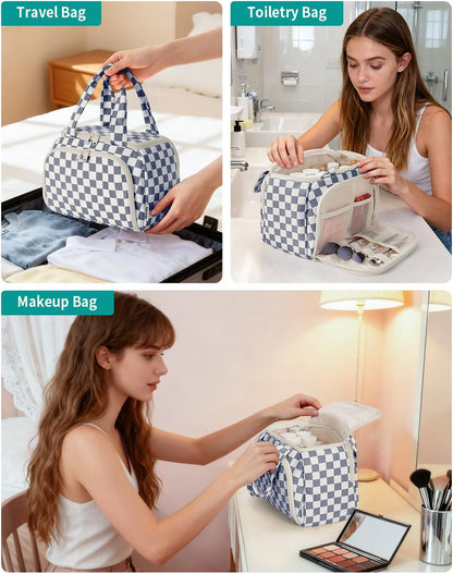Striped Travel Toiletry Bag for Women Large Makeup Bag, Wide-open Cosmetic Make Up Organizer with Handle, Travel Bag for Toiletries, Essentials, Accessories (Mint Green Stripe)