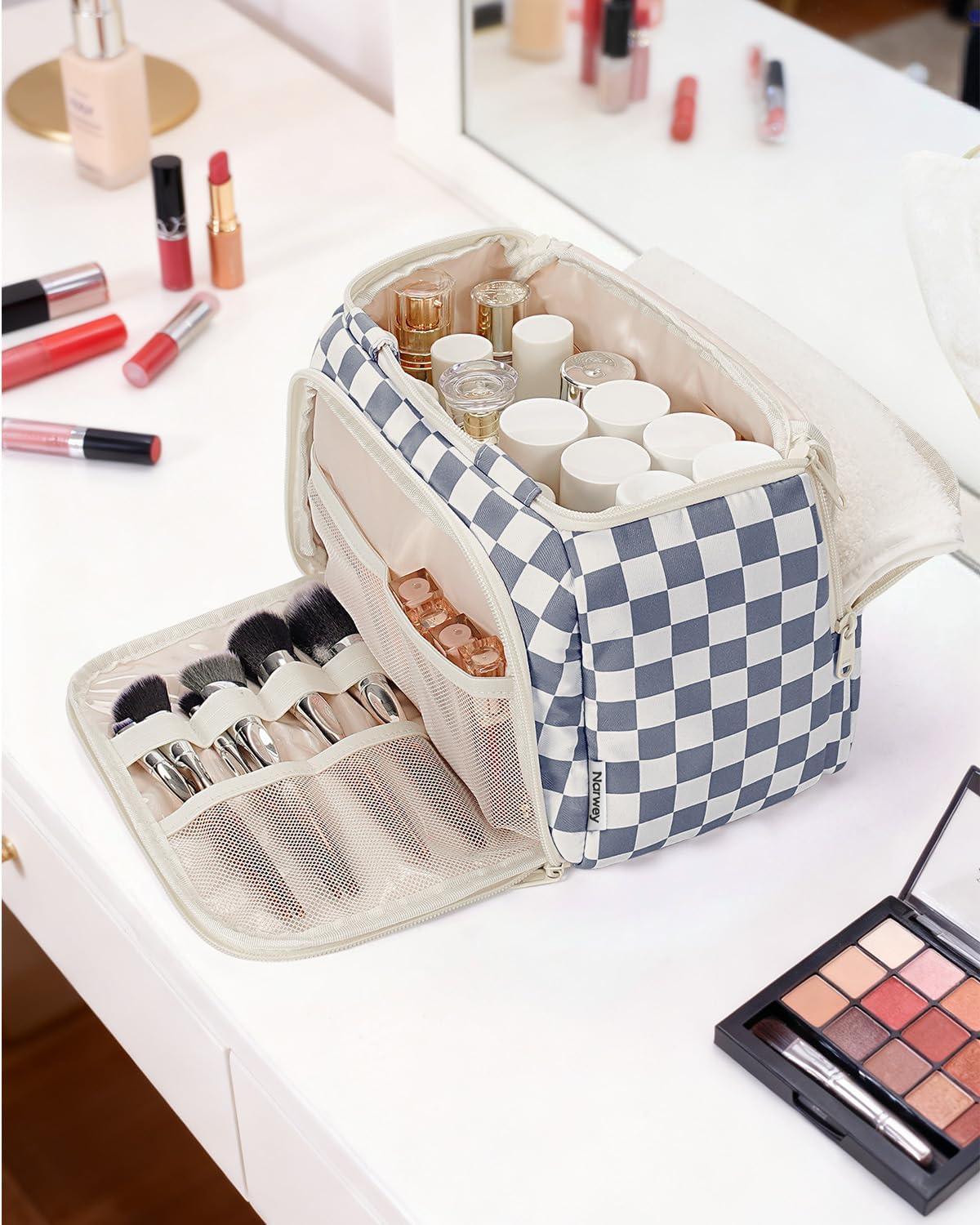 Striped Travel Toiletry Bag for Women Large Makeup Bag, Wide-open Cosmetic Make Up Organizer with Handle, Travel Bag for Toiletries, Essentials, Accessories (Mint Green Stripe)