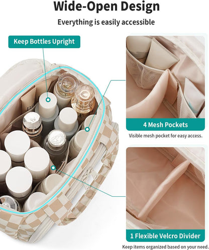 Striped Travel Toiletry Bag for Women Large Makeup Bag, Wide-open Cosmetic Make Up Organizer with Handle, Travel Bag for Toiletries, Essentials, Accessories (Mint Green Stripe)