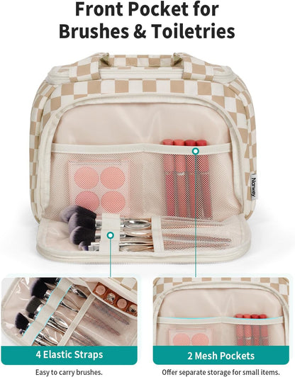 Striped Travel Toiletry Bag for Women Large Makeup Bag, Wide-open Cosmetic Make Up Organizer with Handle, Travel Bag for Toiletries, Essentials, Accessories (Mint Green Stripe)