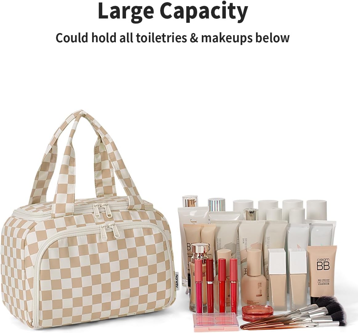 Striped Travel Toiletry Bag for Women Large Makeup Bag, Wide-open Cosmetic Make Up Organizer with Handle, Travel Bag for Toiletries, Essentials, Accessories (Mint Green Stripe)
