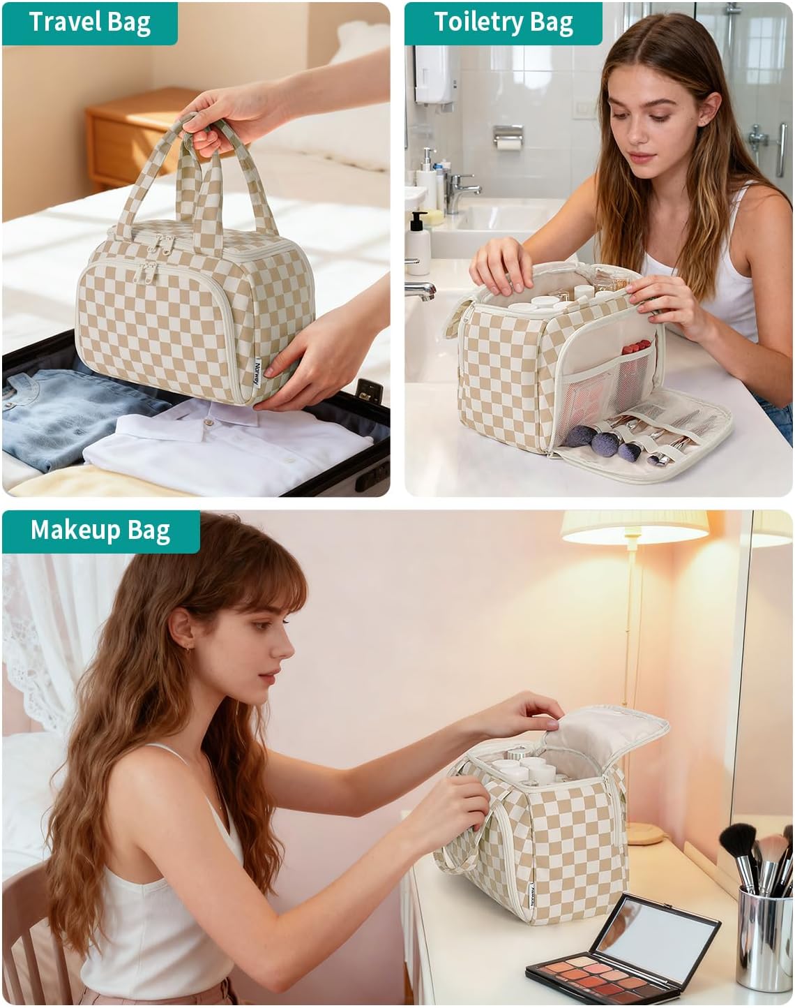 Striped Travel Toiletry Bag for Women Large Makeup Bag, Wide-open Cosmetic Make Up Organizer with Handle, Travel Bag for Toiletries, Essentials, Accessories (Mint Green Stripe)