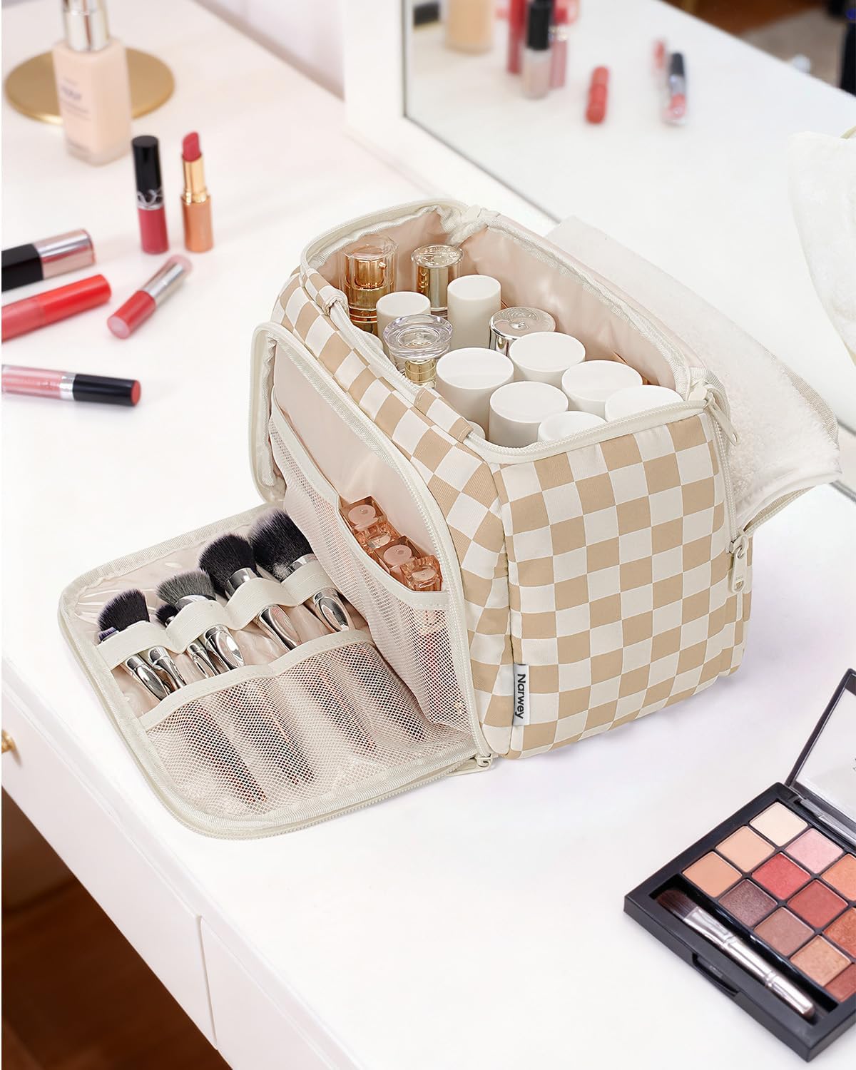 Striped Travel Toiletry Bag for Women Large Makeup Bag, Wide-open Cosmetic Make Up Organizer with Handle, Travel Bag for Toiletries, Essentials, Accessories (Mint Green Stripe)