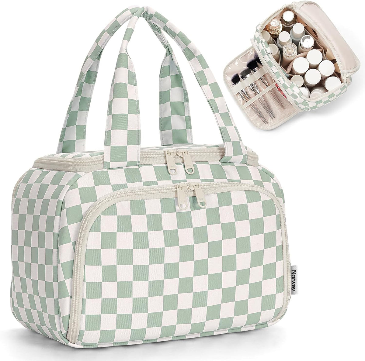 Striped Travel Toiletry Bag for Women Large Makeup Bag, Wide-open Cosmetic Make Up Organizer with Handle, Travel Bag for Toiletries, Essentials, Accessories (Mint Green Stripe)