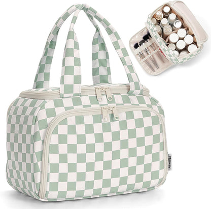 Striped Travel Toiletry Bag for Women Large Makeup Bag, Wide-open Cosmetic Make Up Organizer with Handle, Travel Bag for Toiletries, Essentials, Accessories (Mint Green Stripe)