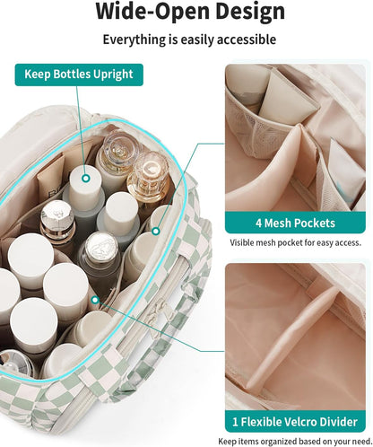 Striped Travel Toiletry Bag for Women Large Makeup Bag, Wide-open Cosmetic Make Up Organizer with Handle, Travel Bag for Toiletries, Essentials, Accessories (Mint Green Stripe)