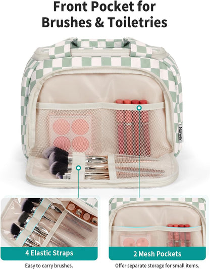 Striped Travel Toiletry Bag for Women Large Makeup Bag, Wide-open Cosmetic Make Up Organizer with Handle, Travel Bag for Toiletries, Essentials, Accessories (Mint Green Stripe)