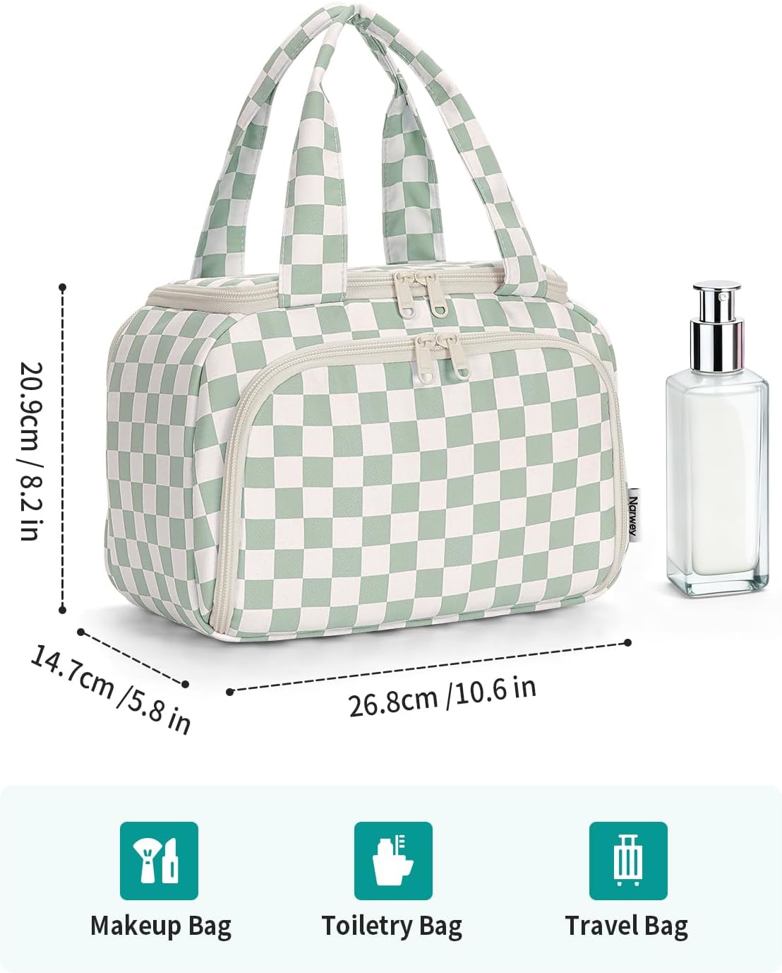 Striped Travel Toiletry Bag for Women Large Makeup Bag, Wide-open Cosmetic Make Up Organizer with Handle, Travel Bag for Toiletries, Essentials, Accessories (Mint Green Stripe)