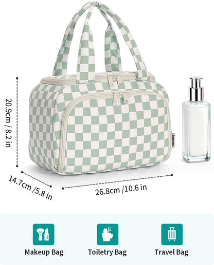 Striped Travel Toiletry Bag for Women Large Makeup Bag, Wide-open Cosmetic Make Up Organizer with Handle, Travel Bag for Toiletries, Essentials, Accessories (Mint Green Stripe)