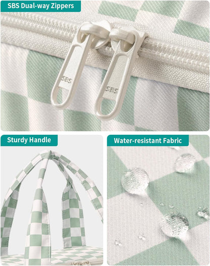 Striped Travel Toiletry Bag for Women Large Makeup Bag, Wide-open Cosmetic Make Up Organizer with Handle, Travel Bag for Toiletries, Essentials, Accessories (Mint Green Stripe)