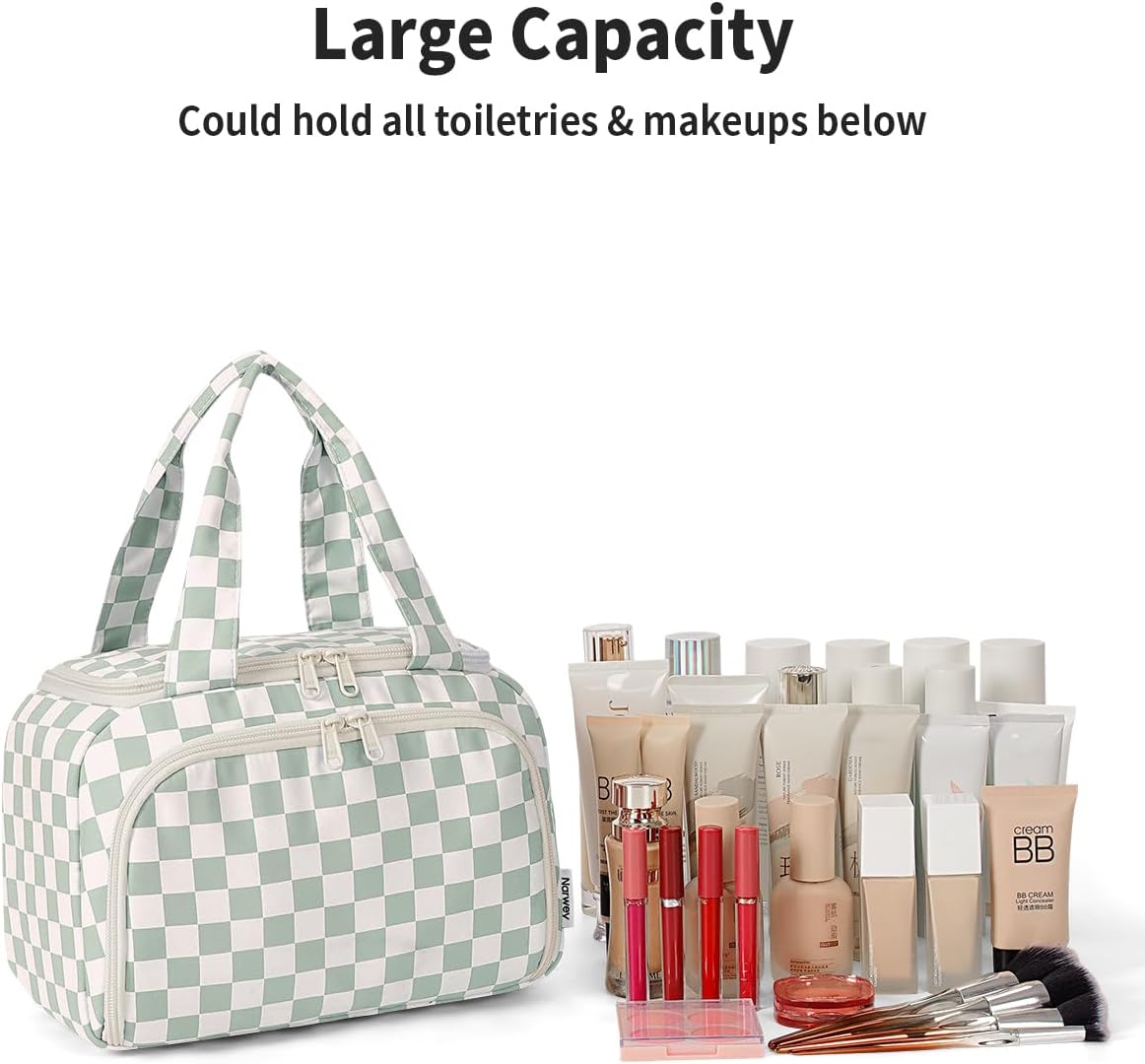 Striped Travel Toiletry Bag for Women Large Makeup Bag, Wide-open Cosmetic Make Up Organizer with Handle, Travel Bag for Toiletries, Essentials, Accessories (Mint Green Stripe)