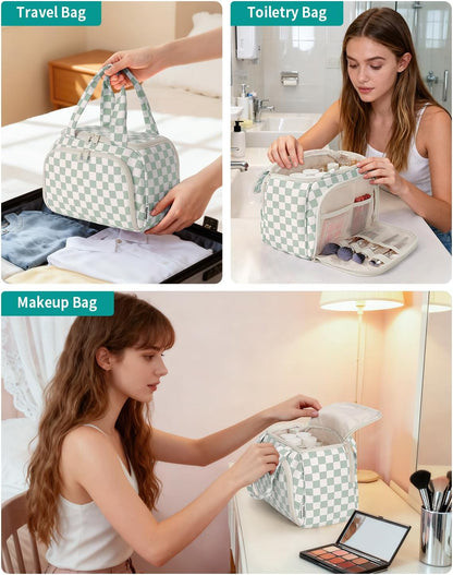 Striped Travel Toiletry Bag for Women Large Makeup Bag, Wide-open Cosmetic Make Up Organizer with Handle, Travel Bag for Toiletries, Essentials, Accessories (Mint Green Stripe)