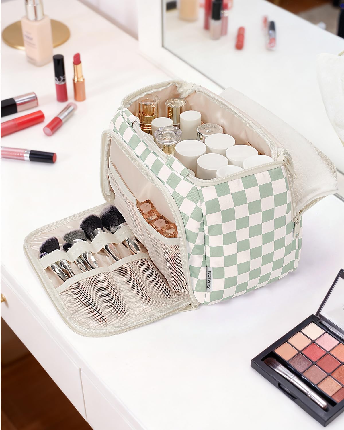 Striped Travel Toiletry Bag for Women Large Makeup Bag, Wide-open Cosmetic Make Up Organizer with Handle, Travel Bag for Toiletries, Essentials, Accessories (Mint Green Stripe)