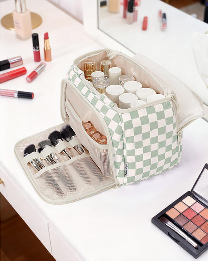 Striped Travel Toiletry Bag for Women Large Makeup Bag, Wide-open Cosmetic Make Up Organizer with Handle, Travel Bag for Toiletries, Essentials, Accessories (Mint Green Stripe)