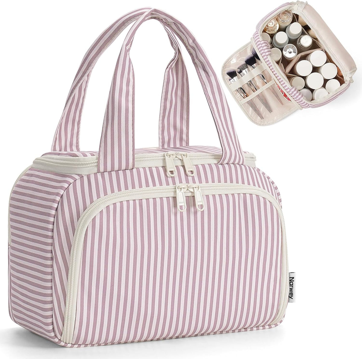 Striped Travel Toiletry Bag for Women Large Makeup Bag, Wide-open Cosmetic Make Up Organizer with Handle, Travel Bag for Toiletries, Essentials, Accessories (Mint Green Stripe)