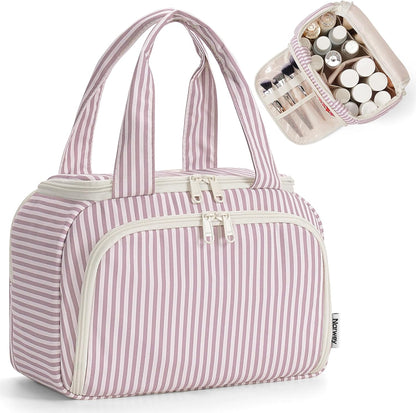 Striped Travel Toiletry Bag for Women Large Makeup Bag, Wide-open Cosmetic Make Up Organizer with Handle, Travel Bag for Toiletries, Essentials, Accessories (Mint Green Stripe)