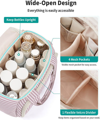 Striped Travel Toiletry Bag for Women Large Makeup Bag, Wide-open Cosmetic Make Up Organizer with Handle, Travel Bag for Toiletries, Essentials, Accessories (Mint Green Stripe)
