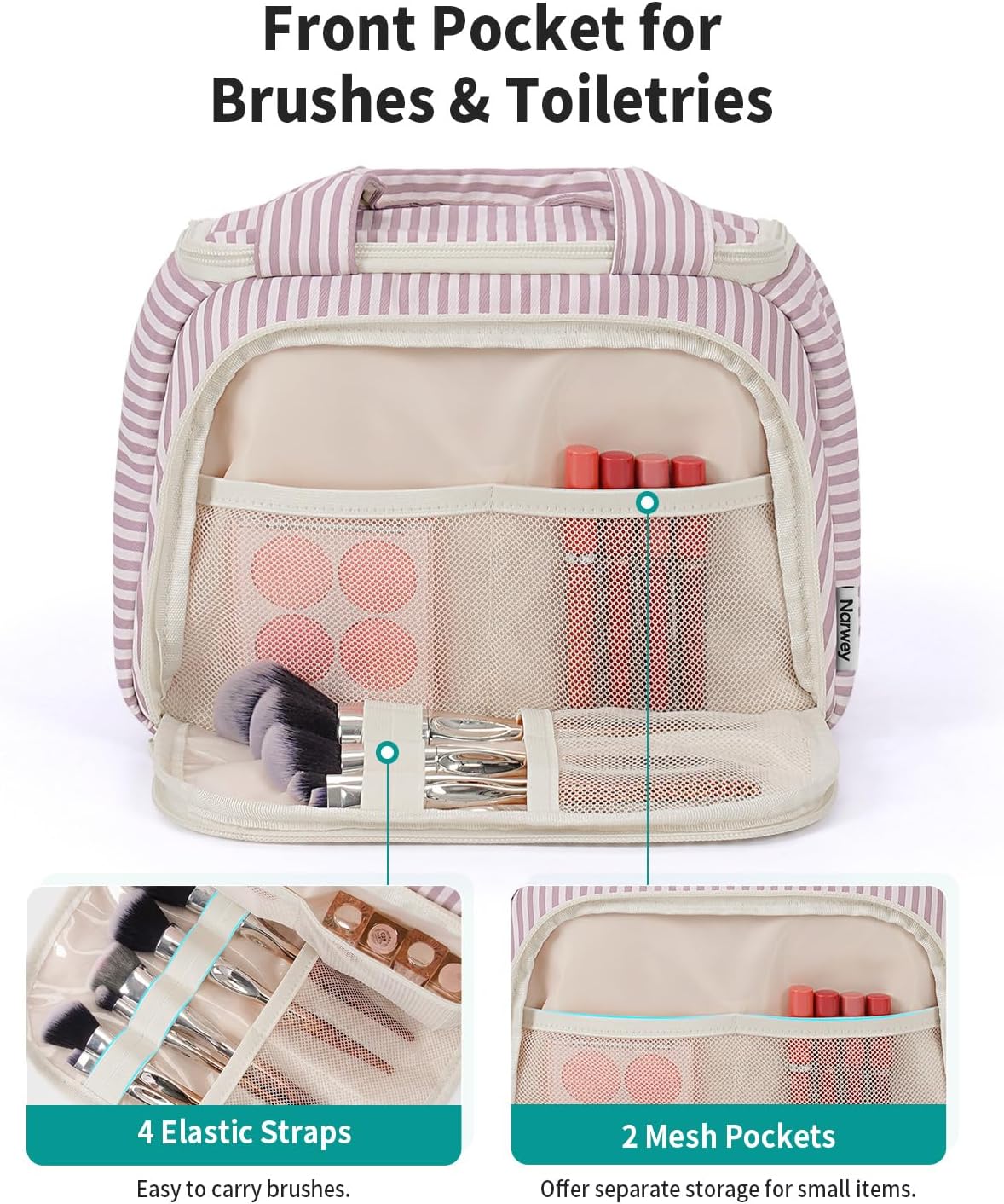 Striped Travel Toiletry Bag for Women Large Makeup Bag, Wide-open Cosmetic Make Up Organizer with Handle, Travel Bag for Toiletries, Essentials, Accessories (Mint Green Stripe)