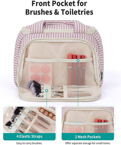 Striped Travel Toiletry Bag for Women Large Makeup Bag, Wide-open Cosmetic Make Up Organizer with Handle, Travel Bag for Toiletries, Essentials, Accessories (Mint Green Stripe)