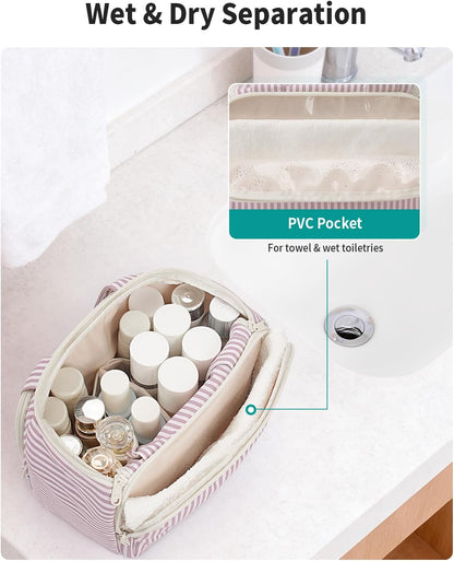 Striped Travel Toiletry Bag for Women Large Makeup Bag, Wide-open Cosmetic Make Up Organizer with Handle, Travel Bag for Toiletries, Essentials, Accessories (Mint Green Stripe)