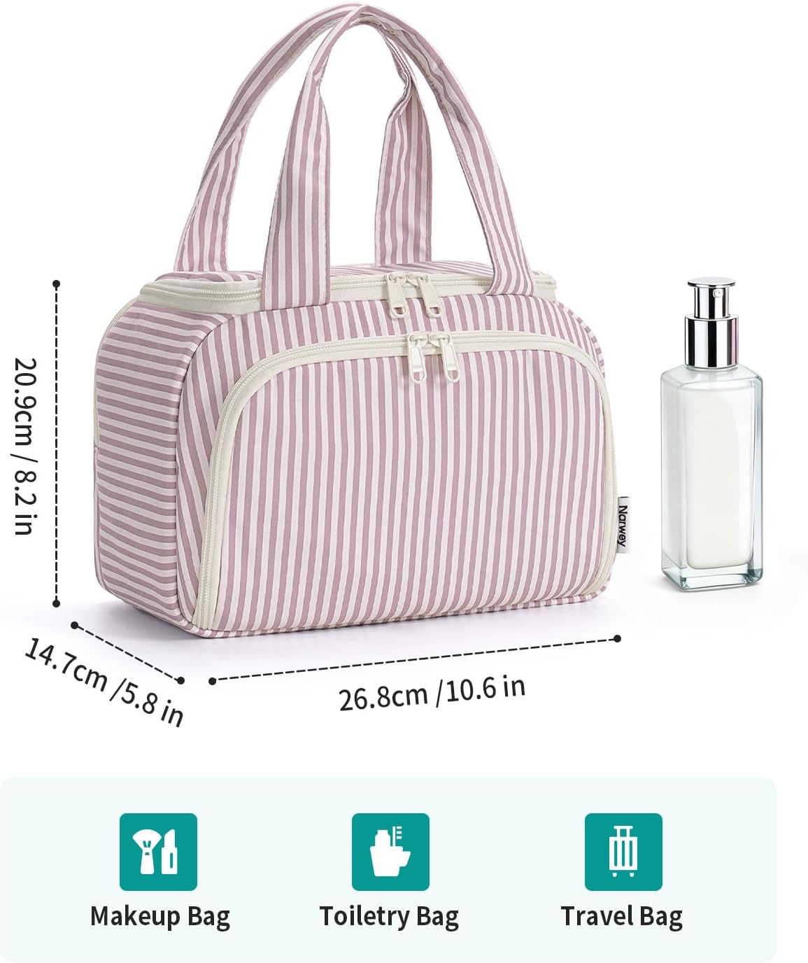Striped Travel Toiletry Bag for Women Large Makeup Bag, Wide-open Cosmetic Make Up Organizer with Handle, Travel Bag for Toiletries, Essentials, Accessories (Mint Green Stripe)