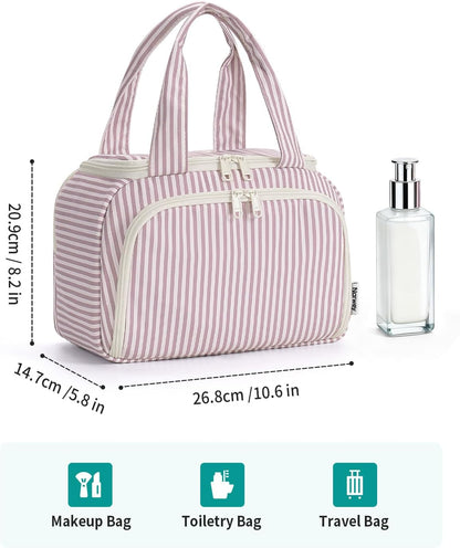 Striped Travel Toiletry Bag for Women Large Makeup Bag, Wide-open Cosmetic Make Up Organizer with Handle, Travel Bag for Toiletries, Essentials, Accessories (Mint Green Stripe)