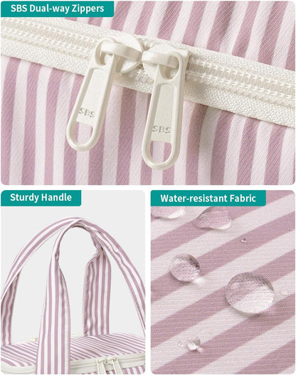 Striped Travel Toiletry Bag for Women Large Makeup Bag, Wide-open Cosmetic Make Up Organizer with Handle, Travel Bag for Toiletries, Essentials, Accessories (Mint Green Stripe)