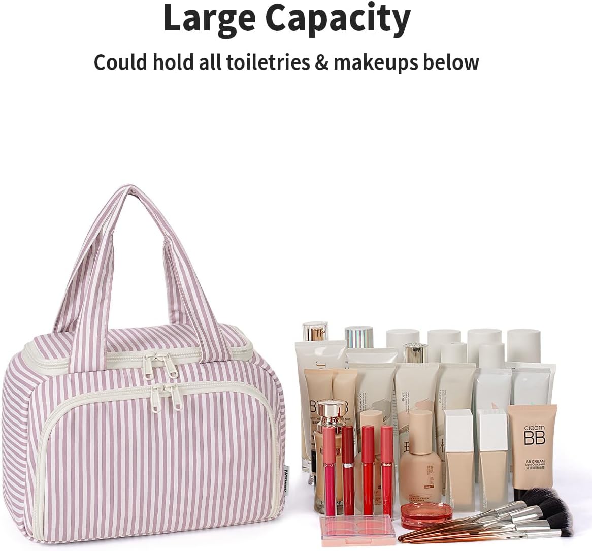 Striped Travel Toiletry Bag for Women Large Makeup Bag, Wide-open Cosmetic Make Up Organizer with Handle, Travel Bag for Toiletries, Essentials, Accessories (Mint Green Stripe)
